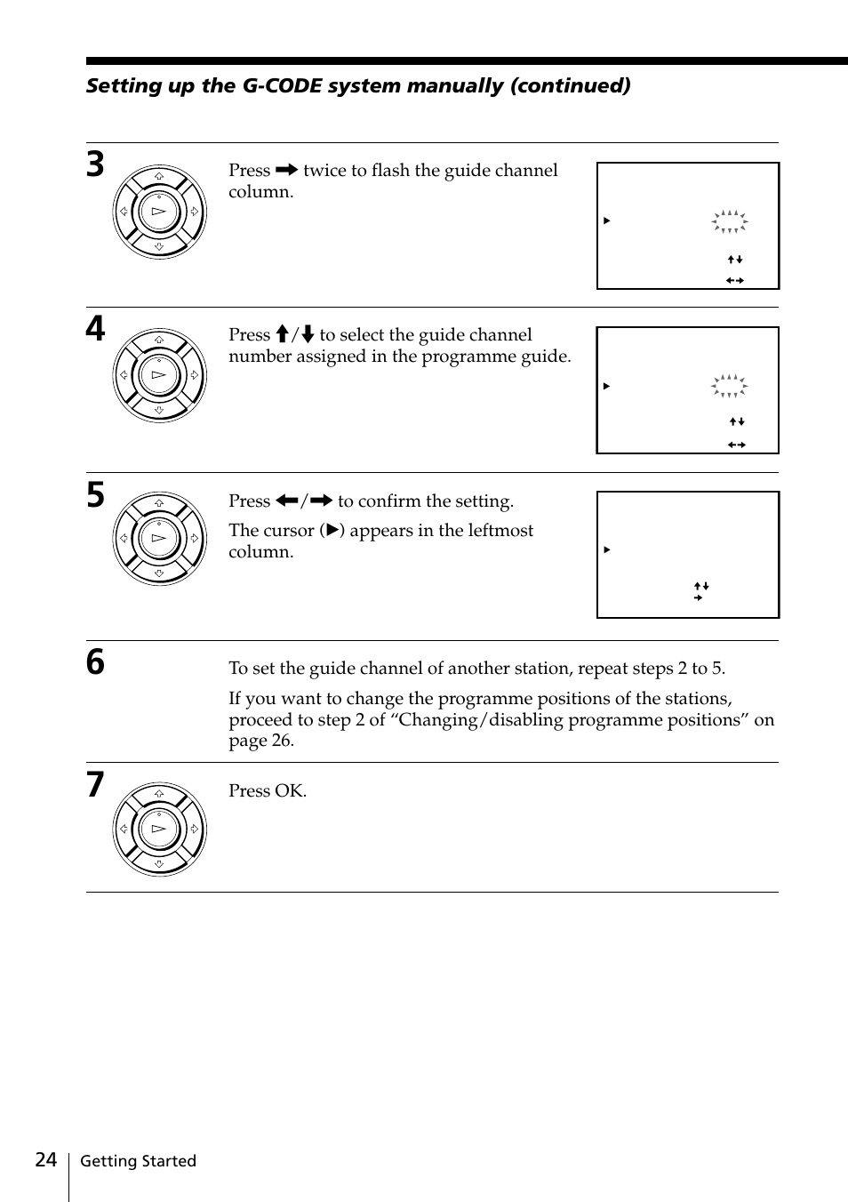 Press , twice to flash the guide channel column, Press ok, Getting started | Sony SLV-EZ11AZ User Manual | Page 24 / 68
