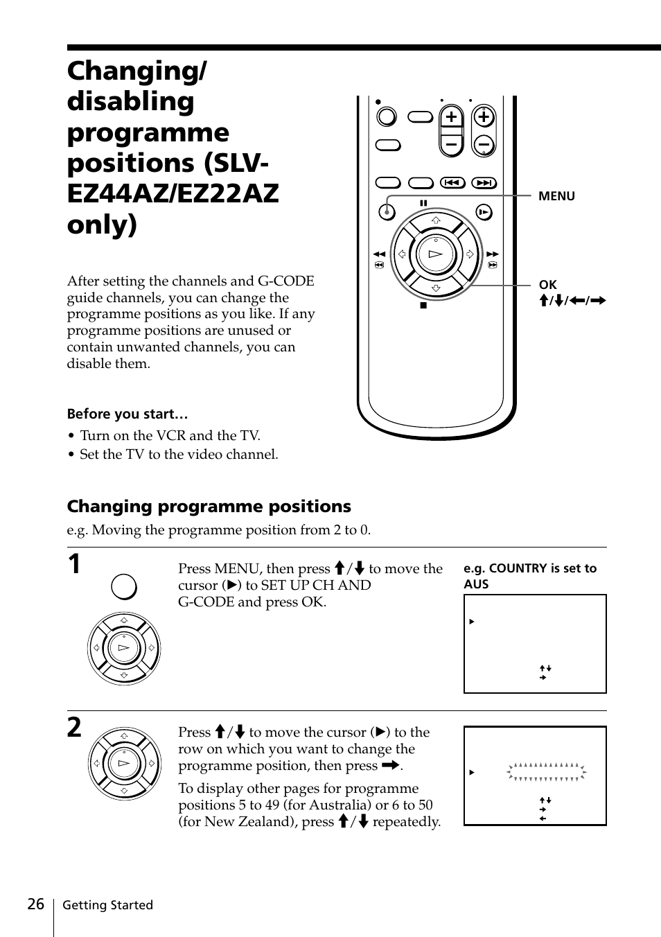 Changing programme positions, E.g. moving the programme position from 2 to 0 | Sony SLV-EZ11AZ User Manual | Page 26 / 68