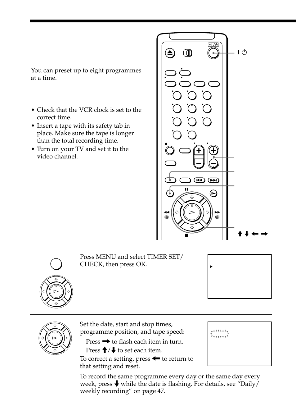 Setting the timer manually, 46 setting the timer manually, Basic operations | 1 menu prog +/– ok m / m / < / , input select | Sony SLV-EZ11AZ User Manual | Page 46 / 68