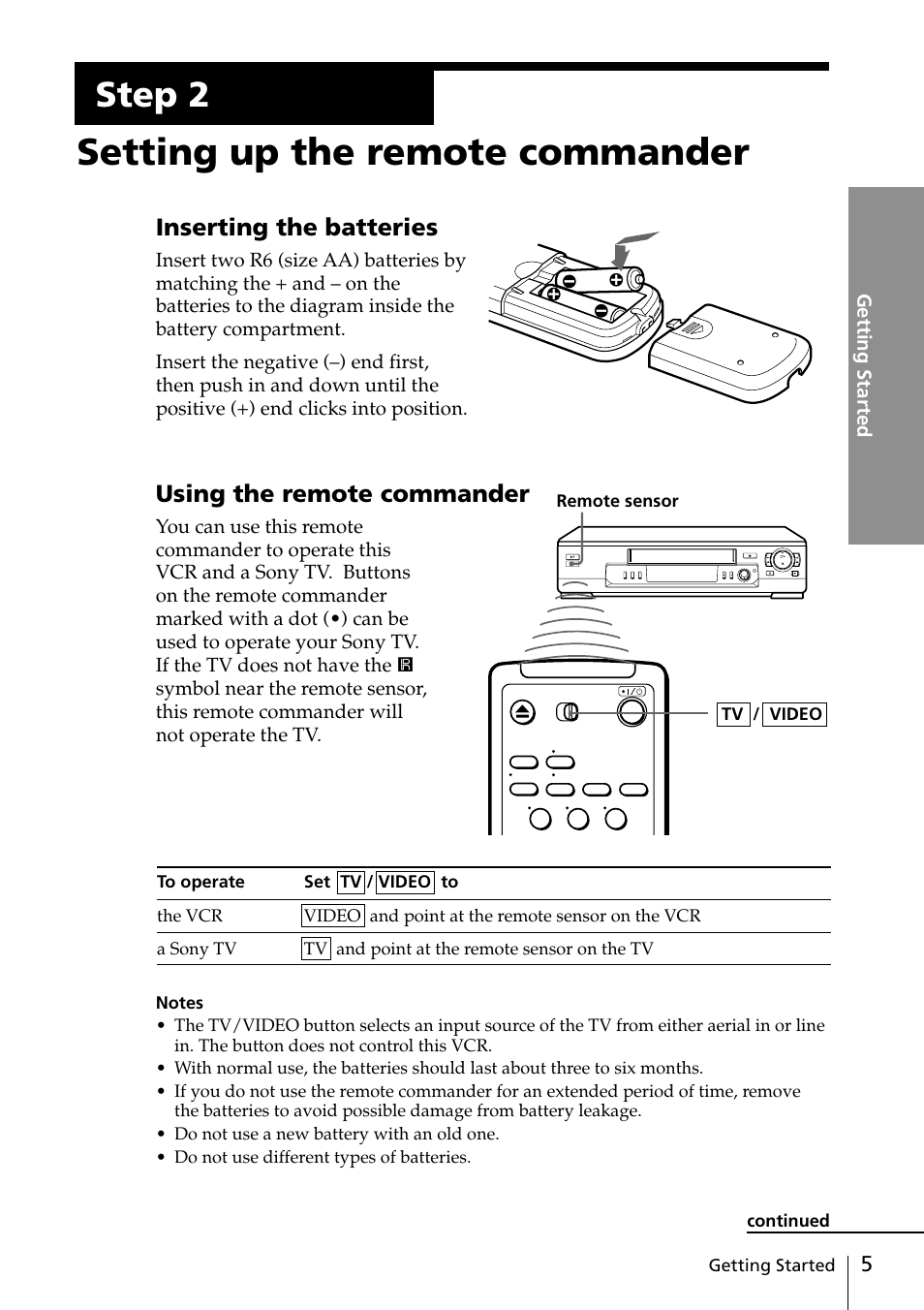 Step 2: setting up the remote commander, Setting up the remote commander, Step 2 | Inserting the batteries, Using the remote commander | Sony SLV-EZ11AZ User Manual | Page 5 / 68