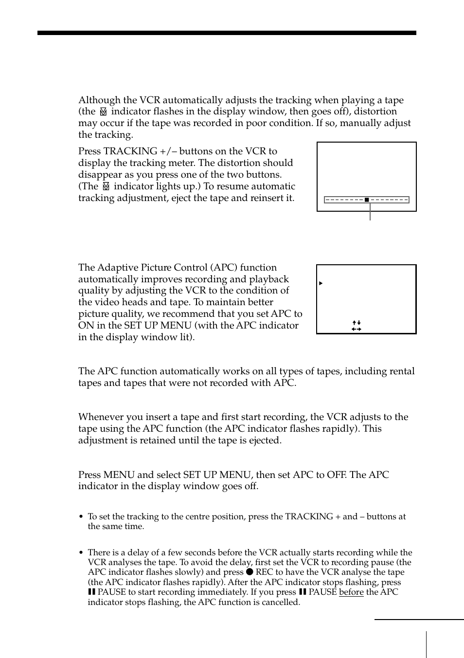 Adjusting the picture, Adjusting the tracking, About the adaptive picture control (apc) function | Sony SLV-EZ11AZ User Manual | Page 55 / 68