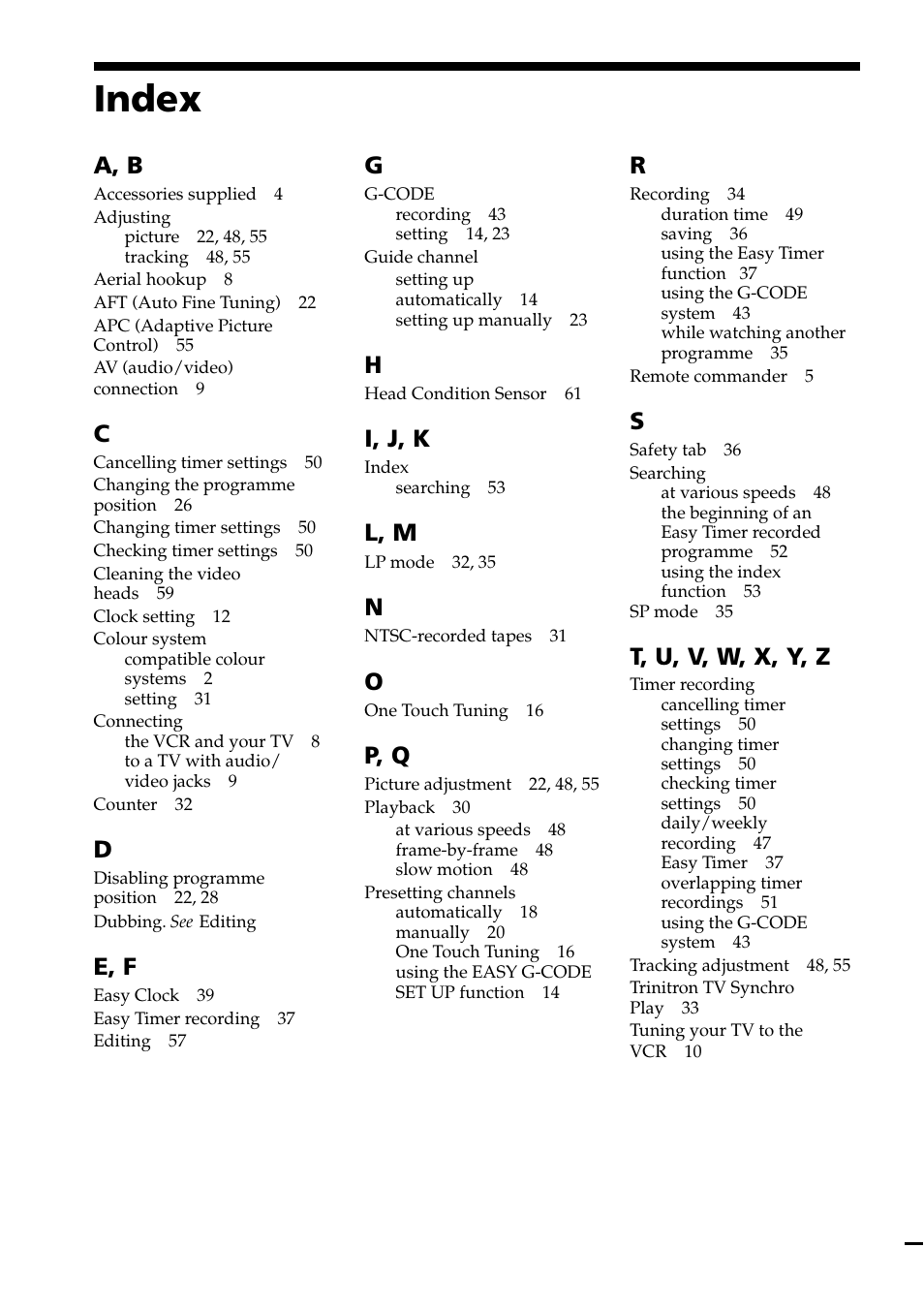 Index, A, b, E, f | I, j, k, L, m, P, q, T, u, v, w, x, y, z | Sony SLV-EZ11AZ User Manual | Page 68 / 68