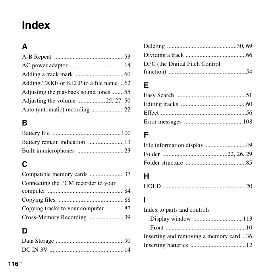 Index | Sony 4-156-541-83(1) User Manual | Page 116 / 120