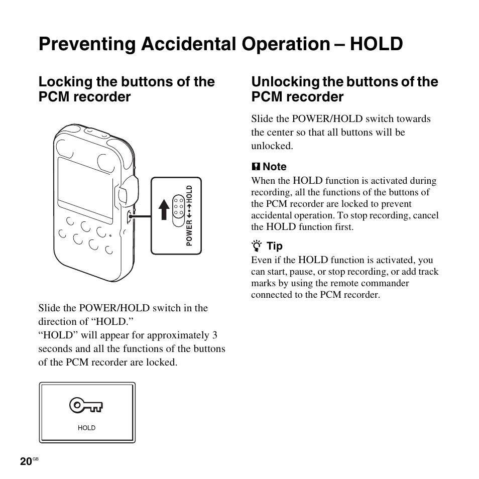 Preventing accidental operation - hold, Locking the buttons of the pcm recorder, Unlocking the buttons of the pcm recorder | Preventing accidental operation – hold, Preventing accidental operation, Hold | Sony 4-156-541-83(1) User Manual | Page 20 / 120