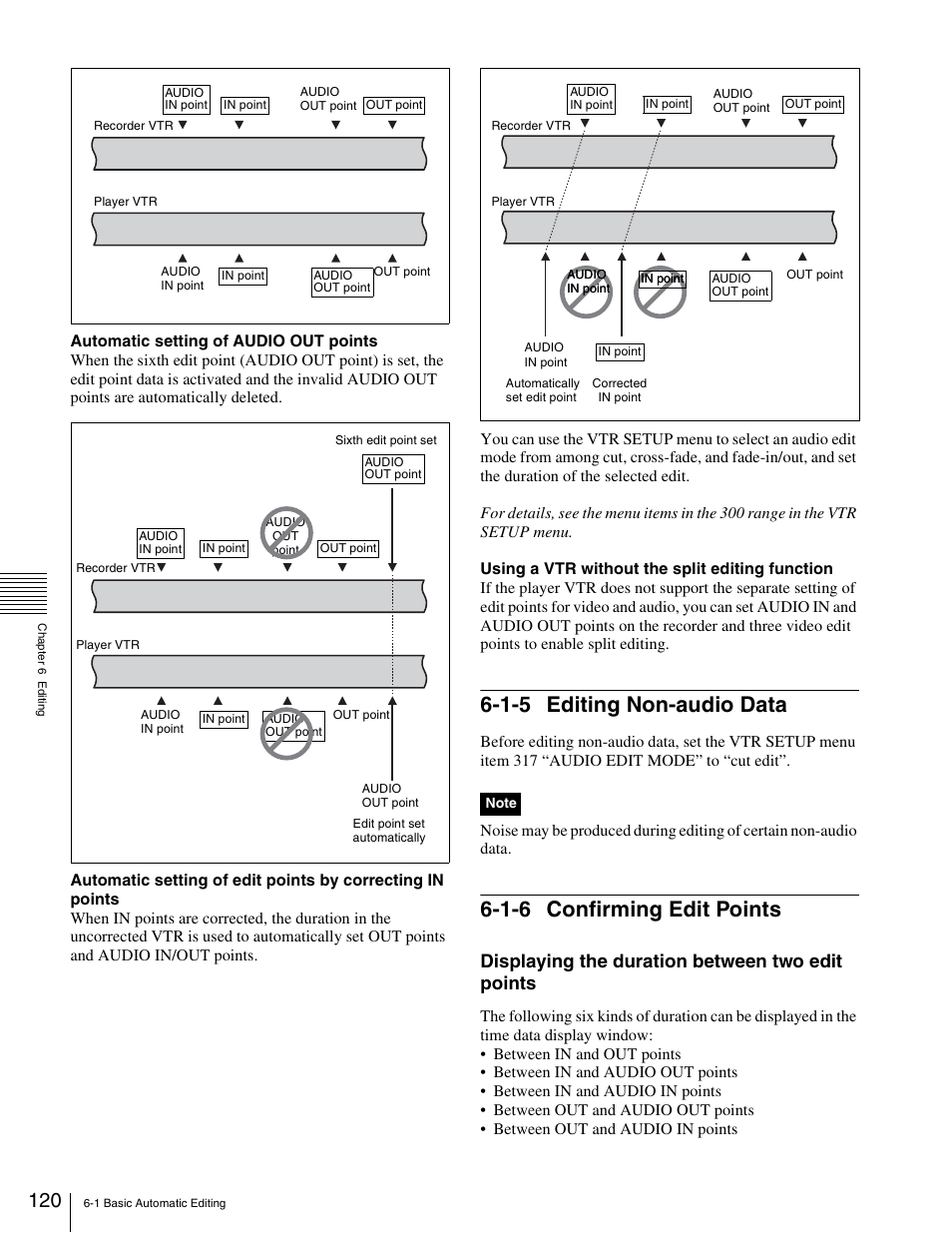 1-5 editing non-audio data, 1-6 confirming edit points, Displaying the duration between two edit points | Sony 5500 User Manual | Page 120 / 187