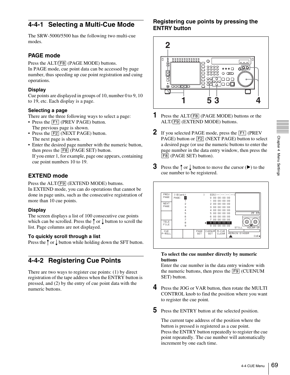 4-1 selecting a multi-cue mode, 4-2 registering cue points, Page mode | Extend mode | Sony 5500 User Manual | Page 69 / 187