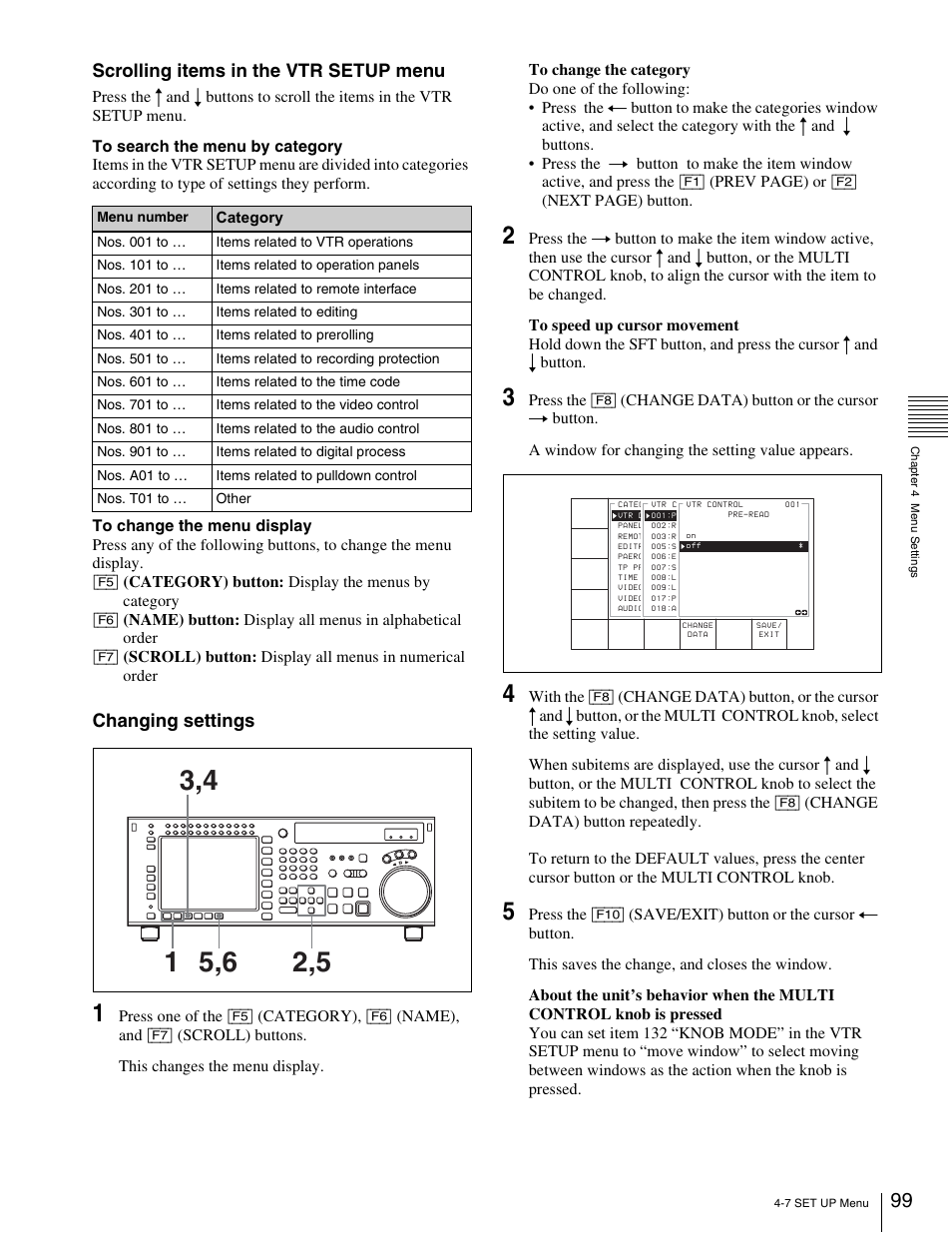 Scrolling items in the vtr setup menu, Changing settings | Sony 5500 User Manual | Page 99 / 187