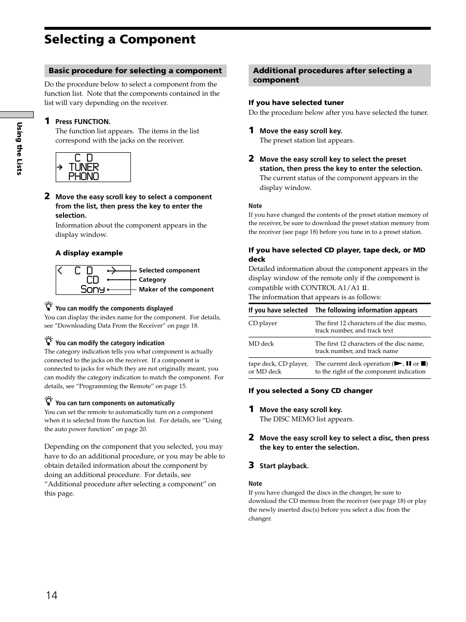 Selecting a component, C d tuner phono, C d > cd sony | Sony RM-LJ302 User Manual | Page 14 / 23