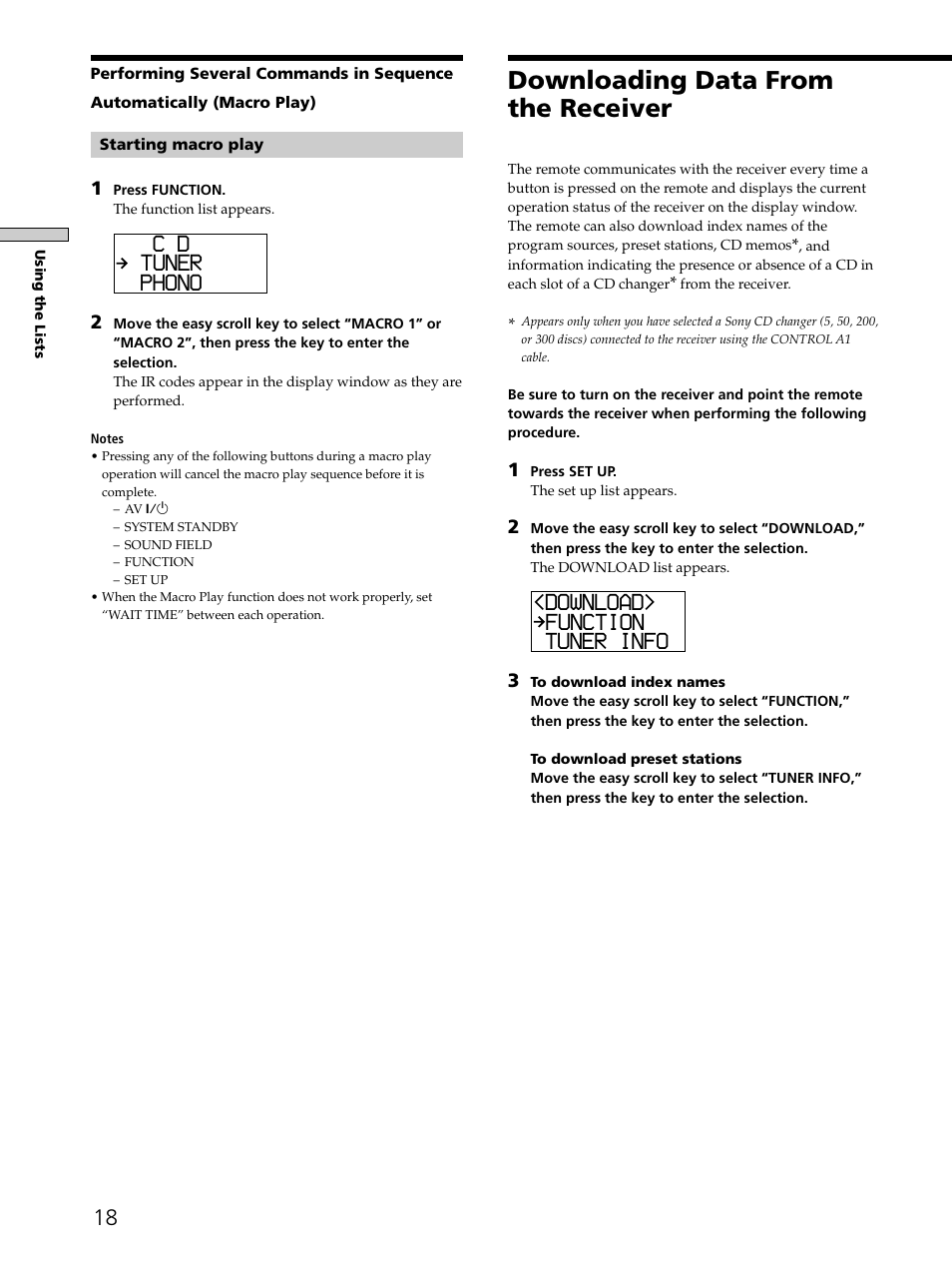 Downloading data from the receiver, C d tuner phono, Download> function tuner info | Sony RM-LJ302 User Manual | Page 18 / 23