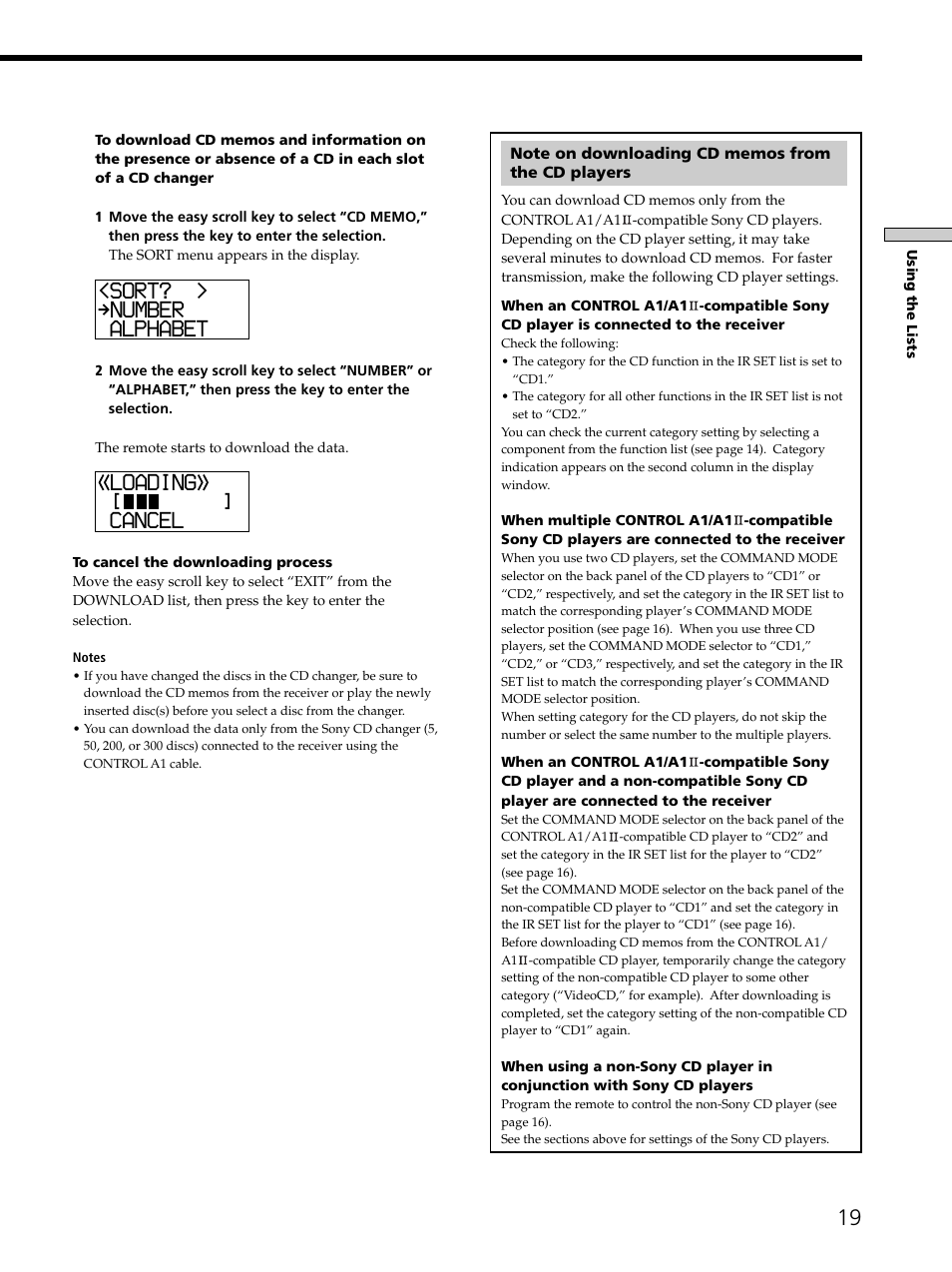 Sort? > number alphabet, Loading [ ] cancel | Sony RM-LJ302 User Manual | Page 19 / 23