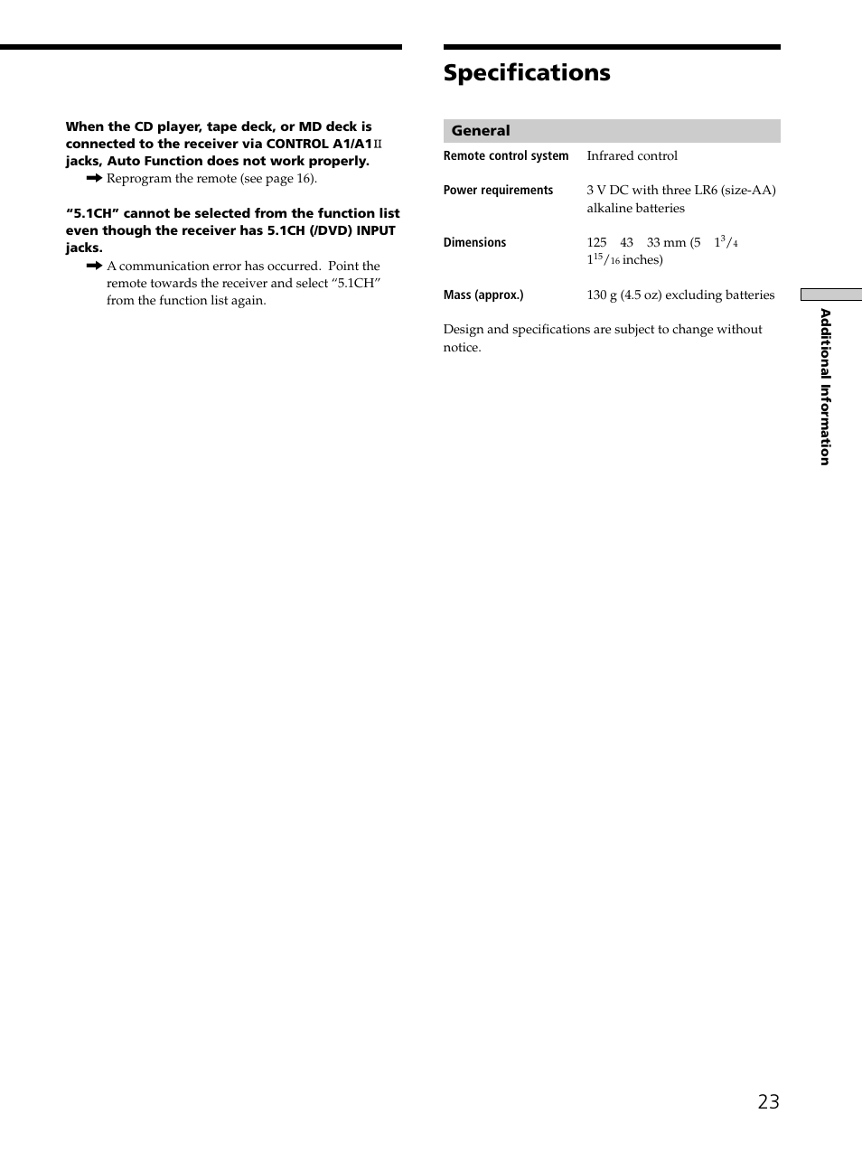 Specifications | Sony RM-LJ302 User Manual | Page 23 / 23