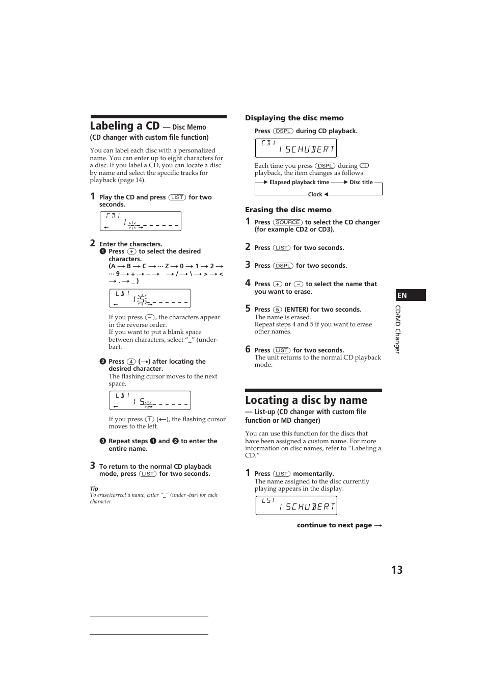 Labeling a cd, Locating a disc by name | Sony CDX-C610 User Manual | Page 13 / 24