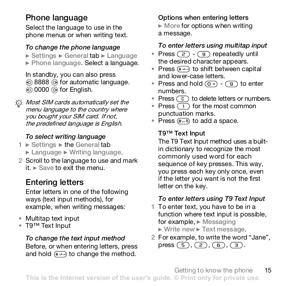 Phone language, Entering letters | Sony K800i User Manual | Page 15 / 98