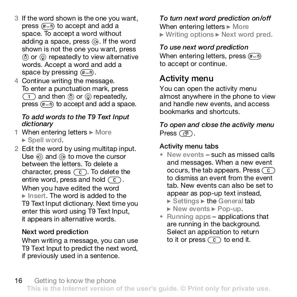 Activity menu | Sony K800i User Manual | Page 16 / 98