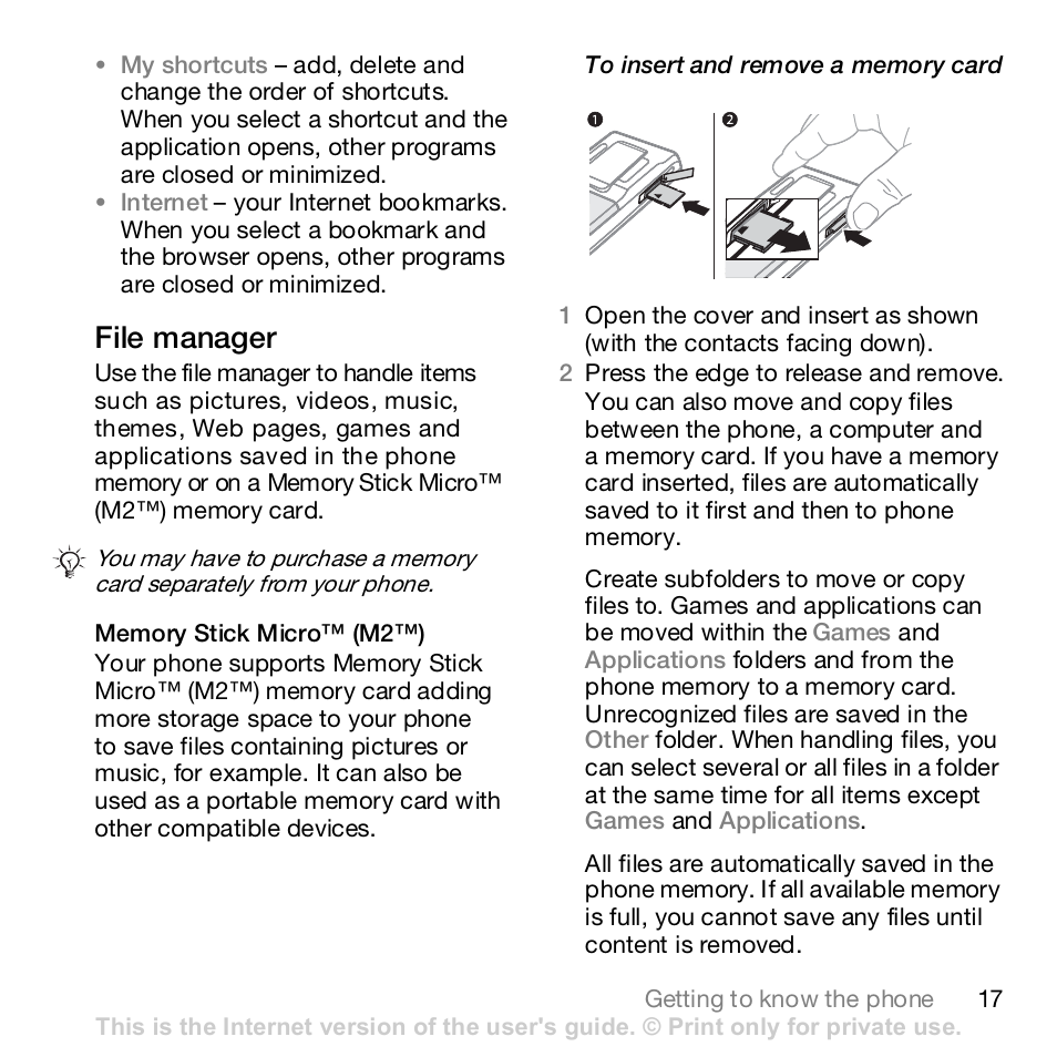 File manager | Sony K800i User Manual | Page 17 / 98