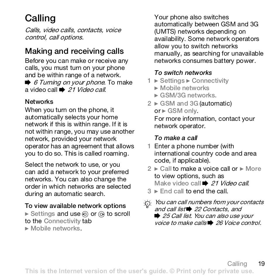 Calling, Making and receiving calls | Sony K800i User Manual | Page 19 / 98