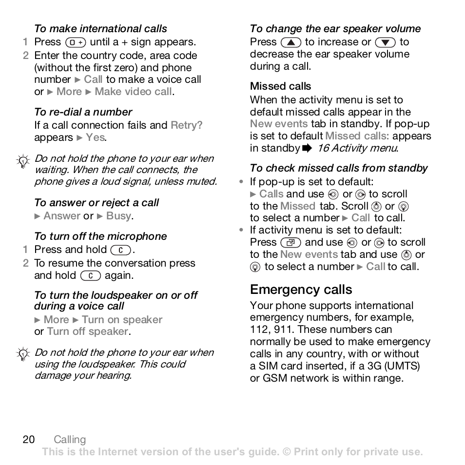 Emergency calls | Sony K800i User Manual | Page 20 / 98