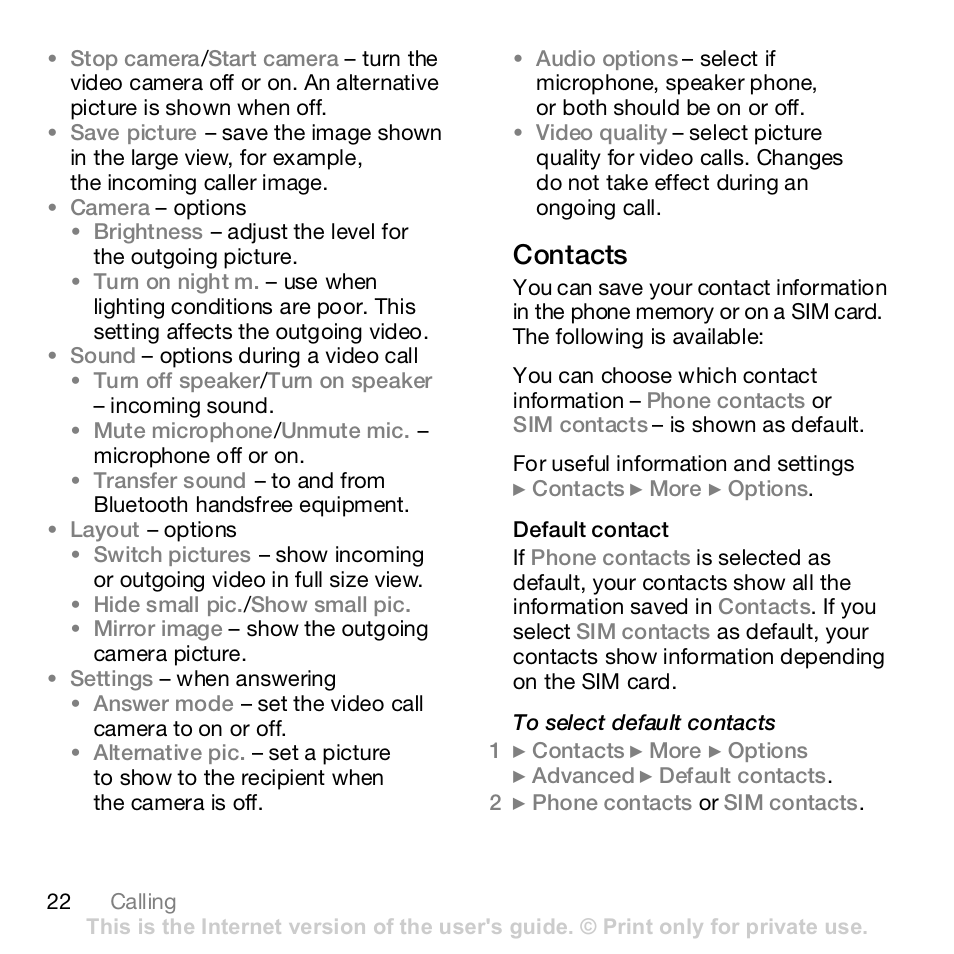 22 contacts, Contacts | Sony K800i User Manual | Page 22 / 98