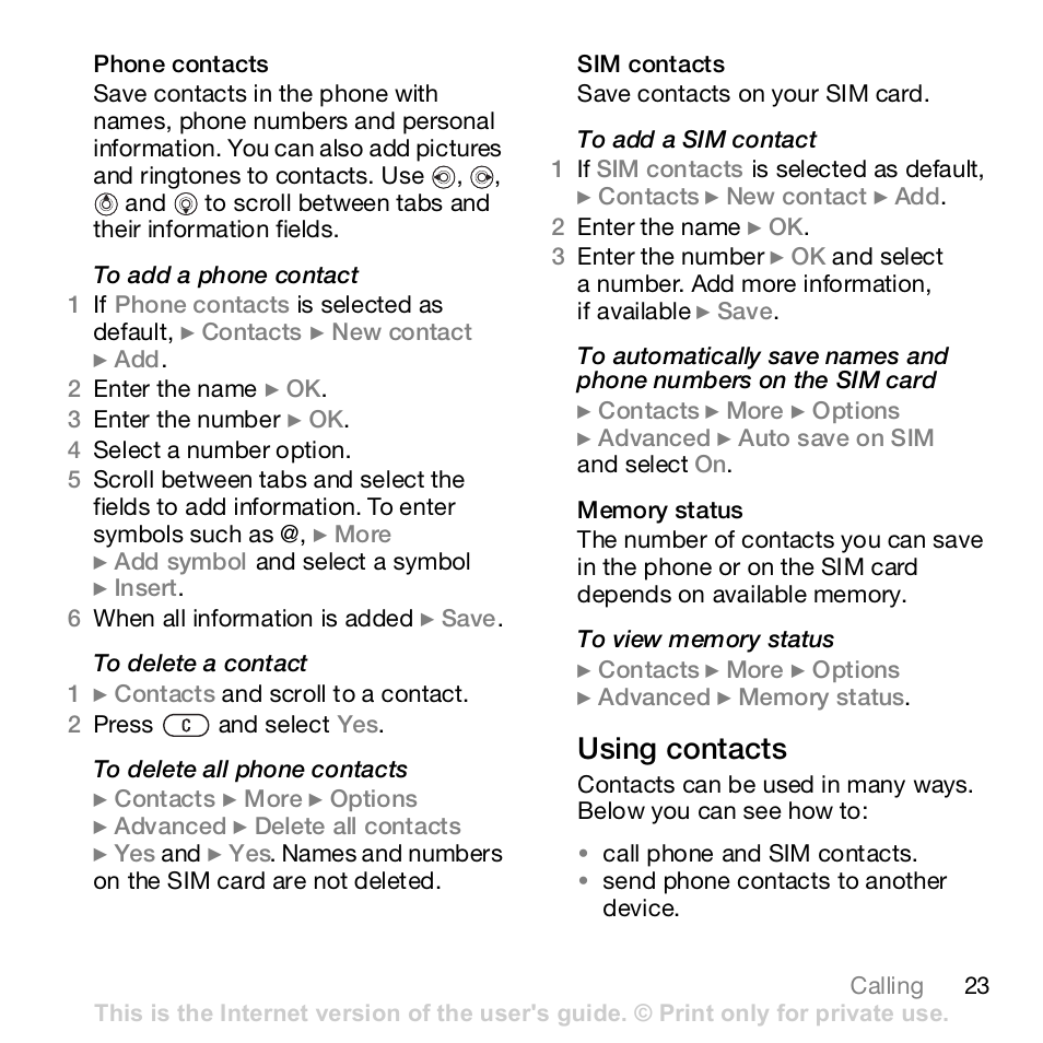 Using contacts | Sony K800i User Manual | Page 23 / 98