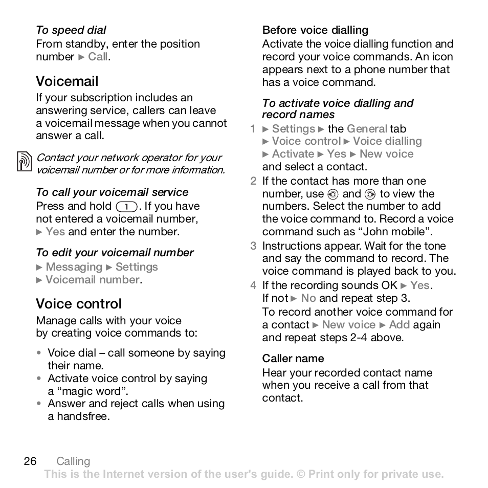 26 voice control, Voicemail, Voice control | Sony K800i User Manual | Page 26 / 98