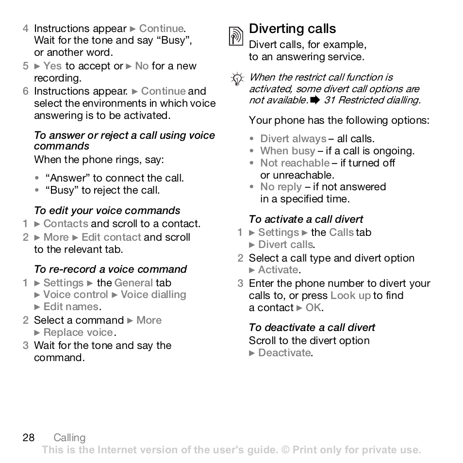 Diverting calls | Sony K800i User Manual | Page 28 / 98