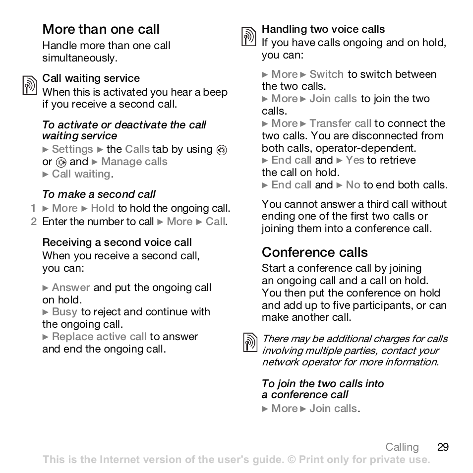 More than one call, Conference calls | Sony K800i User Manual | Page 29 / 98