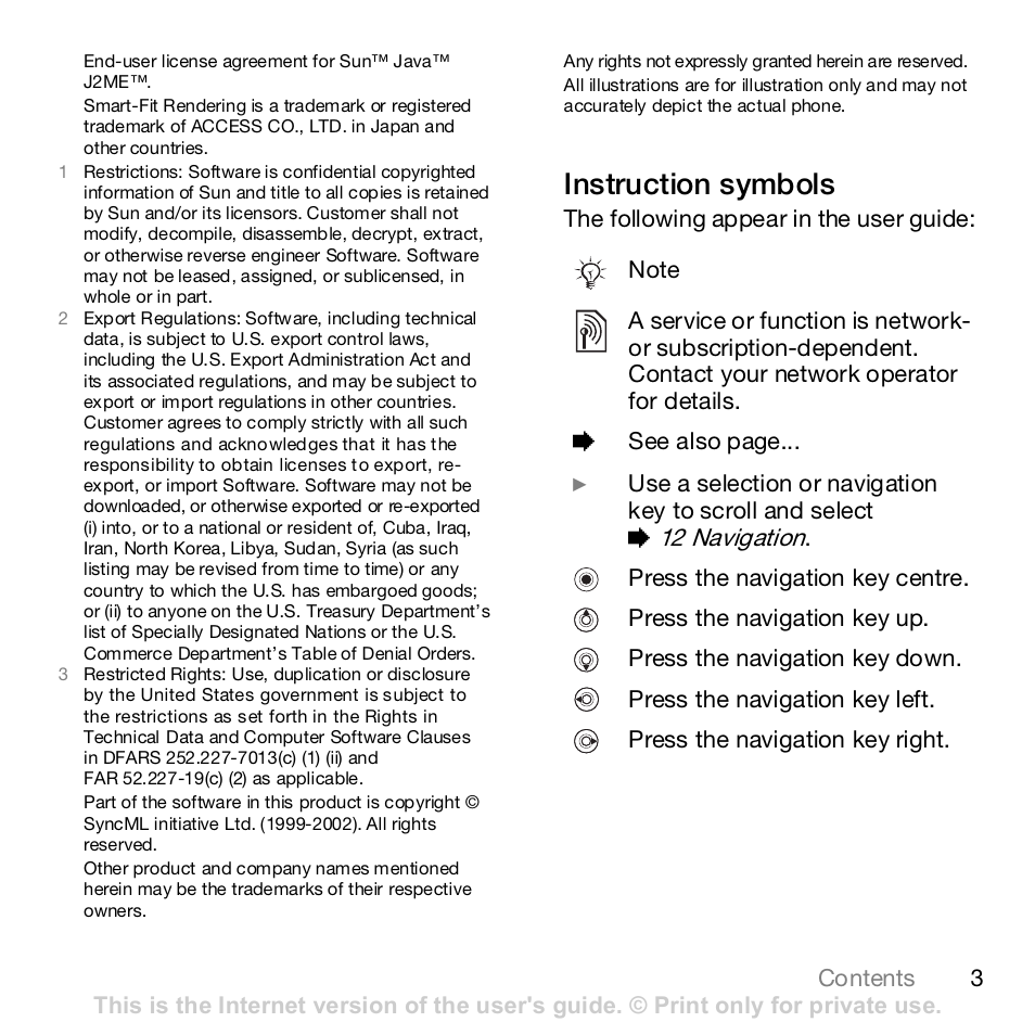 Instruction symbols | Sony K800i User Manual | Page 3 / 98