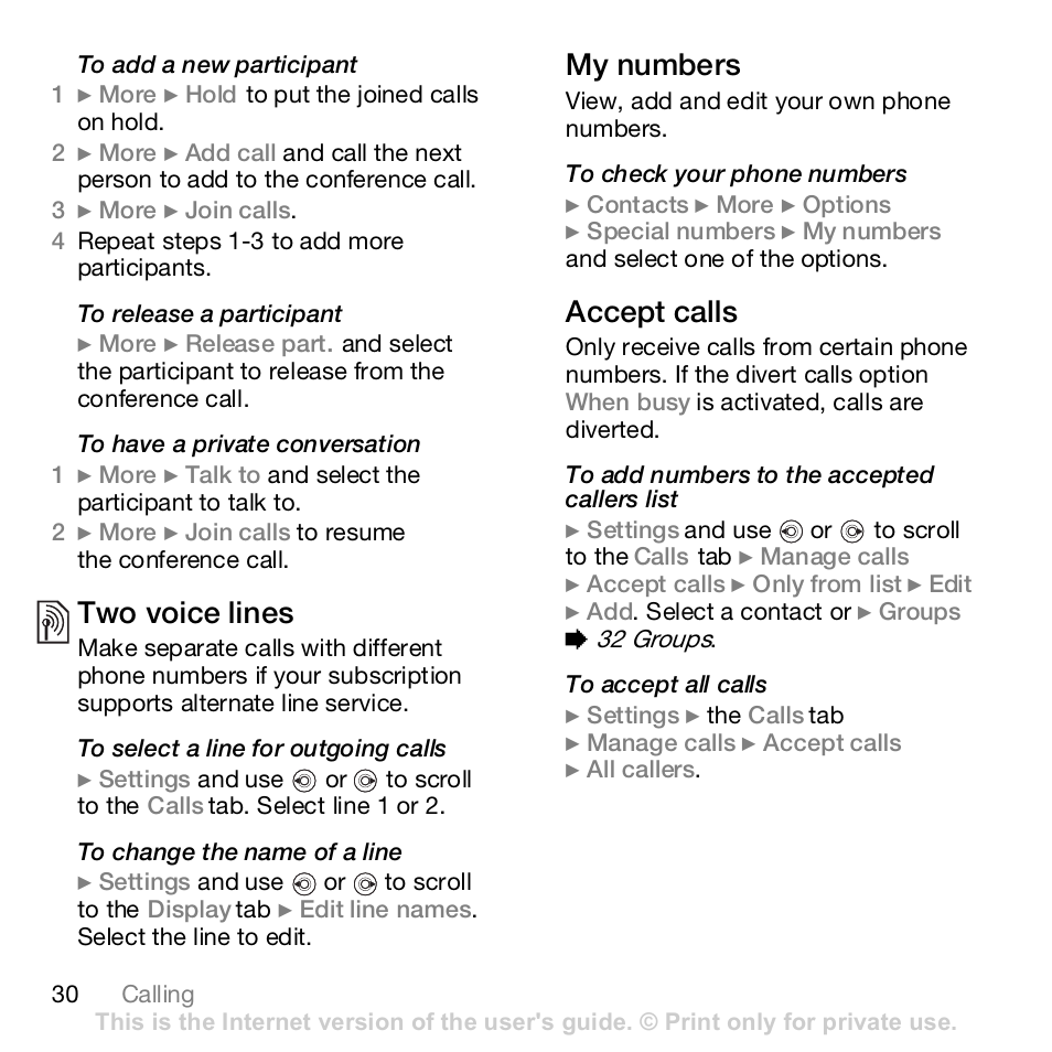 Two voice lines, My numbers, Accept calls | Sony K800i User Manual | Page 30 / 98