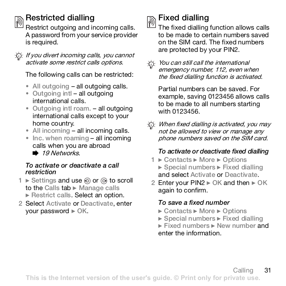 Restricted dialling, Fixed dialling | Sony K800i User Manual | Page 31 / 98