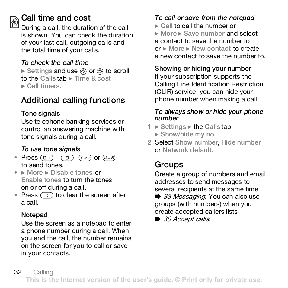 Call time and cost, Additional calling functions, Groups | Sony K800i User Manual | Page 32 / 98