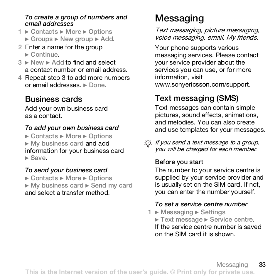 Messaging, Business cards, Text messaging (sms) | Sony K800i User Manual | Page 33 / 98