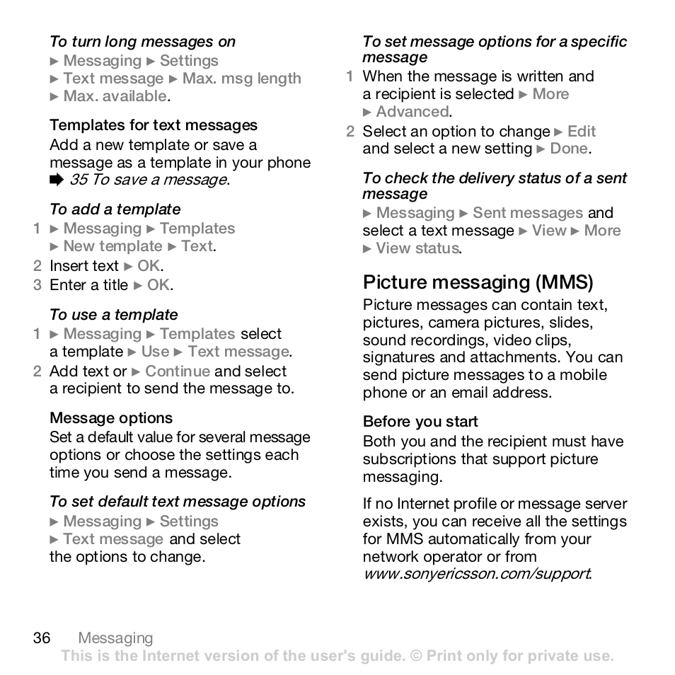 Picture messaging (mms) | Sony K800i User Manual | Page 36 / 98