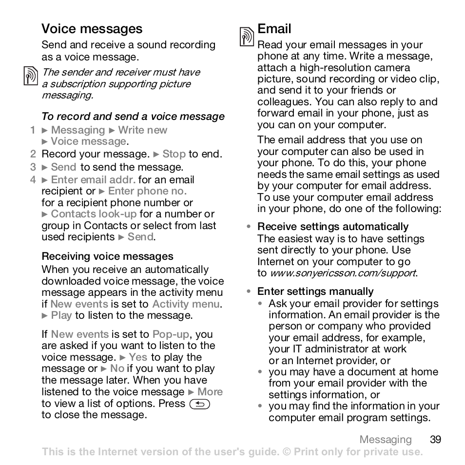 Voice messages, Email | Sony K800i User Manual | Page 39 / 98