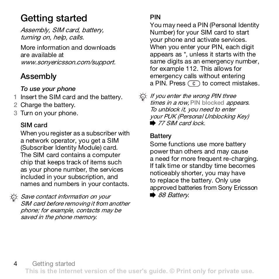 Getting started, Assembly | Sony K800i User Manual | Page 4 / 98