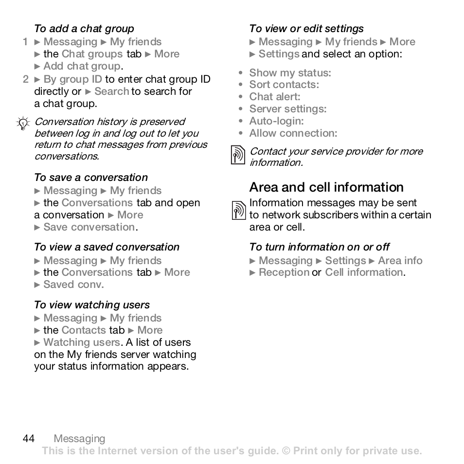 Area and cell information | Sony K800i User Manual | Page 44 / 98