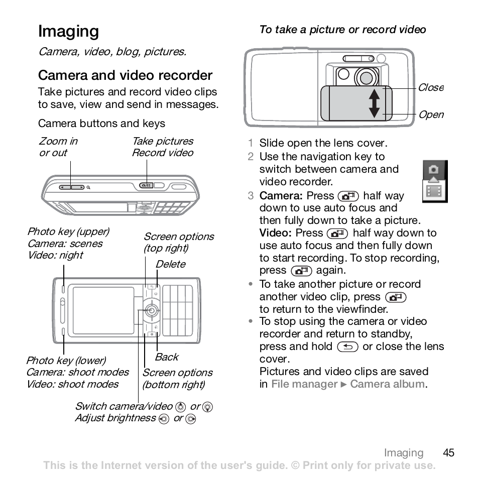 Imaging, Camera, video, blog, pictures, Camera and video recorder | Sony K800i User Manual | Page 45 / 98