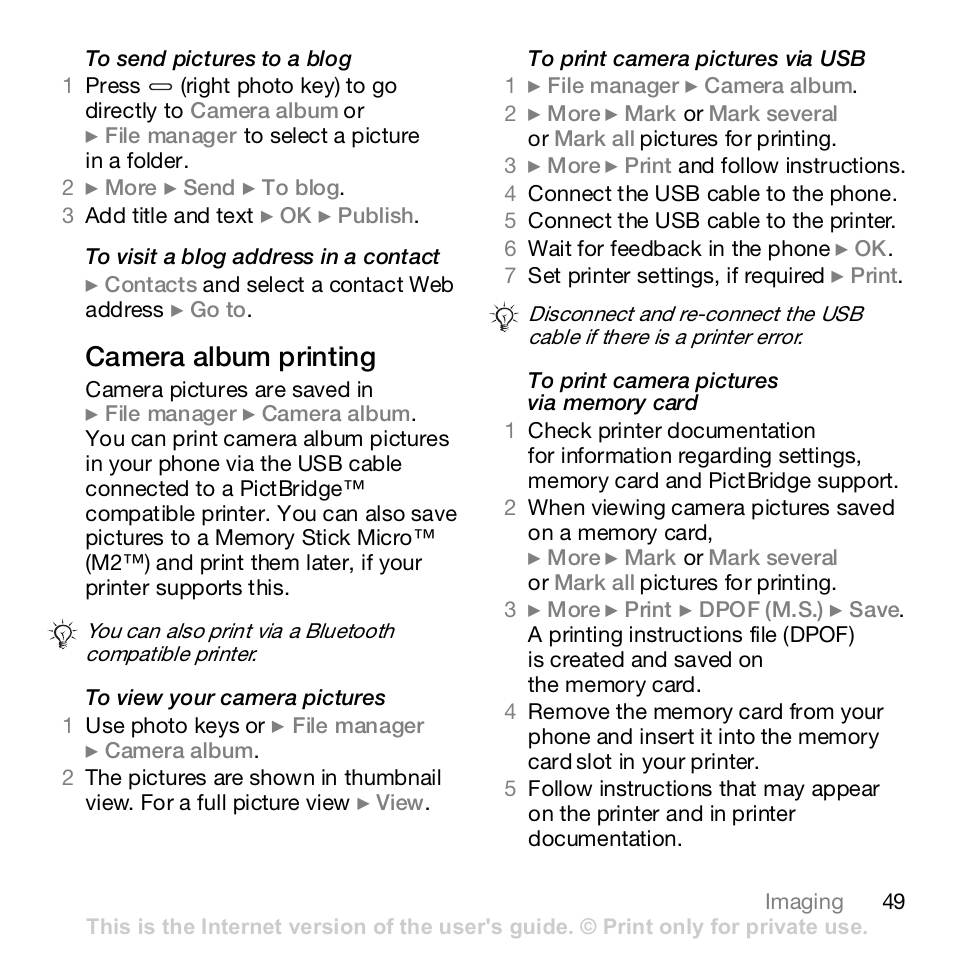 Camera album printing | Sony K800i User Manual | Page 49 / 98