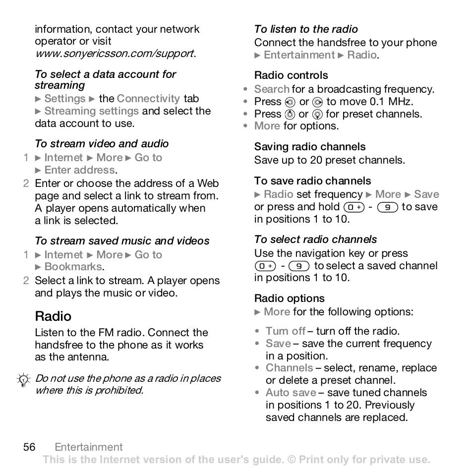 Radio | Sony K800i User Manual | Page 56 / 98