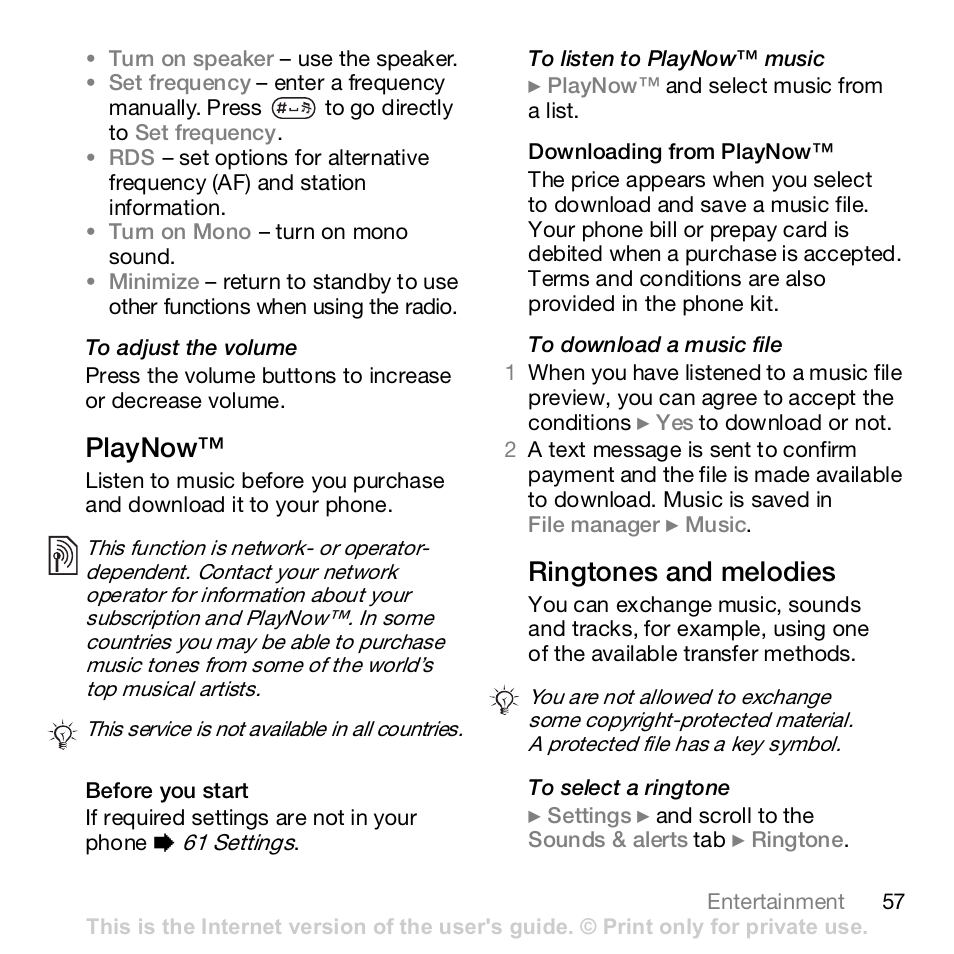 Playnow, Ringtones and melodies | Sony K800i User Manual | Page 57 / 98