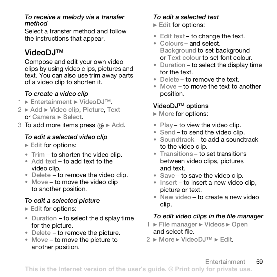 Videodj | Sony K800i User Manual | Page 59 / 98