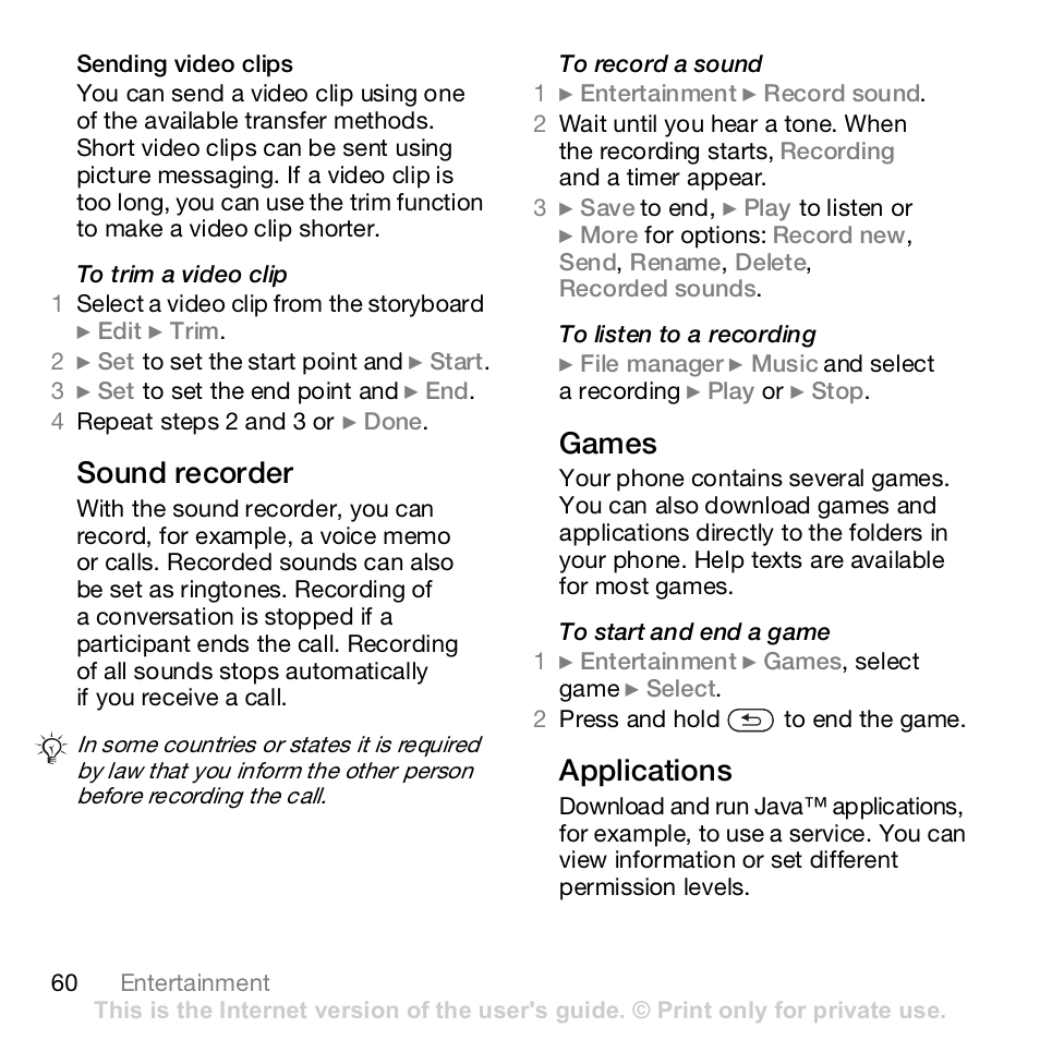 Sound recorder, Games, Applications | Sony K800i User Manual | Page 60 / 98