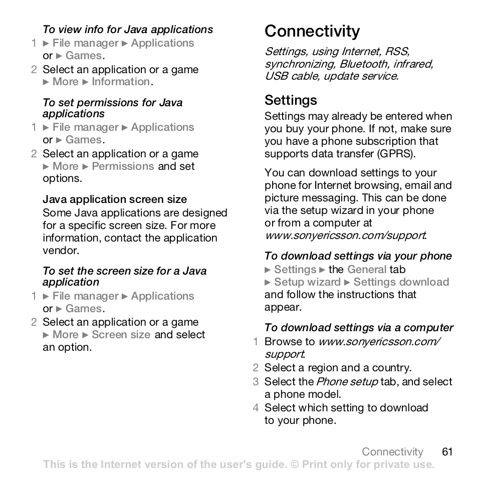 Connectivity, Settings | Sony K800i User Manual | Page 61 / 98