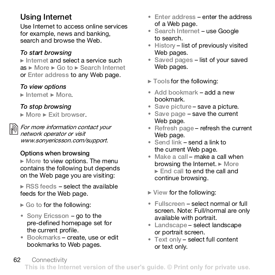 Using internet | Sony K800i User Manual | Page 62 / 98