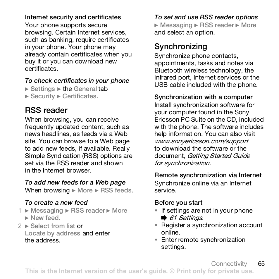 65 synchronizing, Rss reader, Synchronizing | Sony K800i User Manual | Page 65 / 98