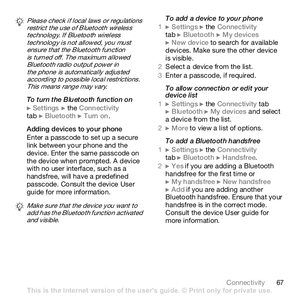 67 to add a device to your phone | Sony K800i User Manual | Page 67 / 98