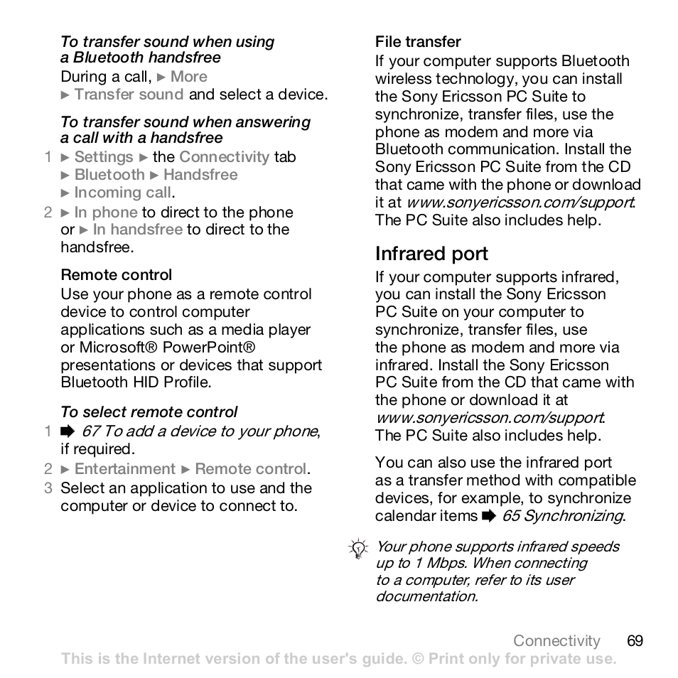 Infrared port | Sony K800i User Manual | Page 69 / 98