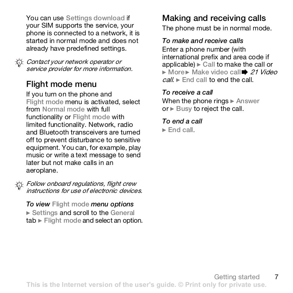 Flight mode menu, Making and receiving calls | Sony K800i User Manual | Page 7 / 98