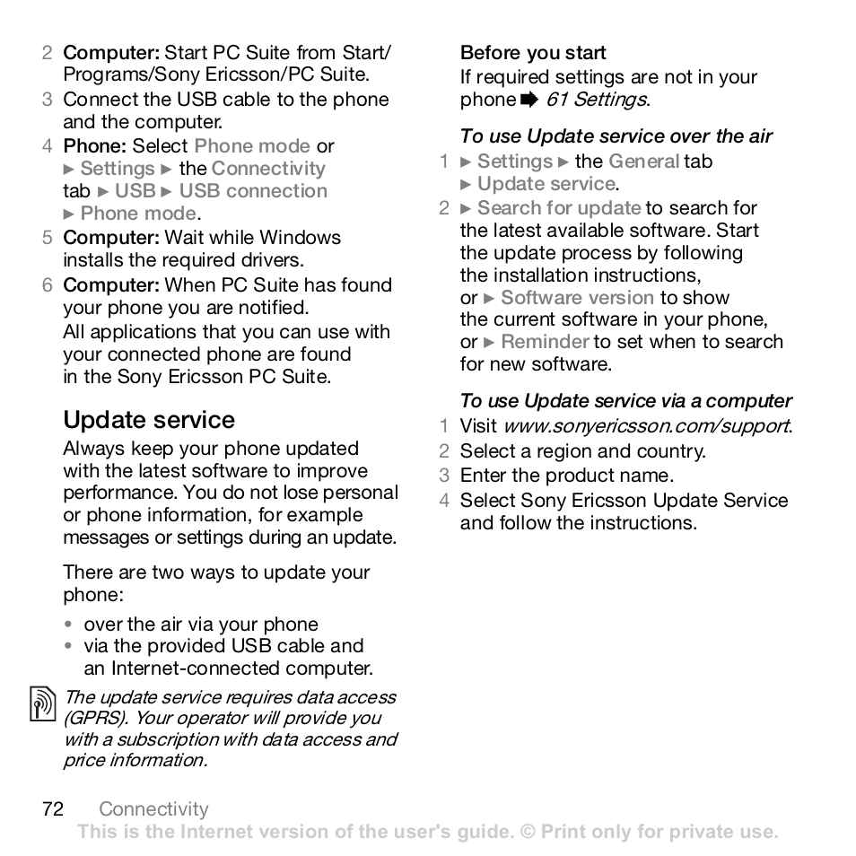 Update service | Sony K800i User Manual | Page 72 / 98