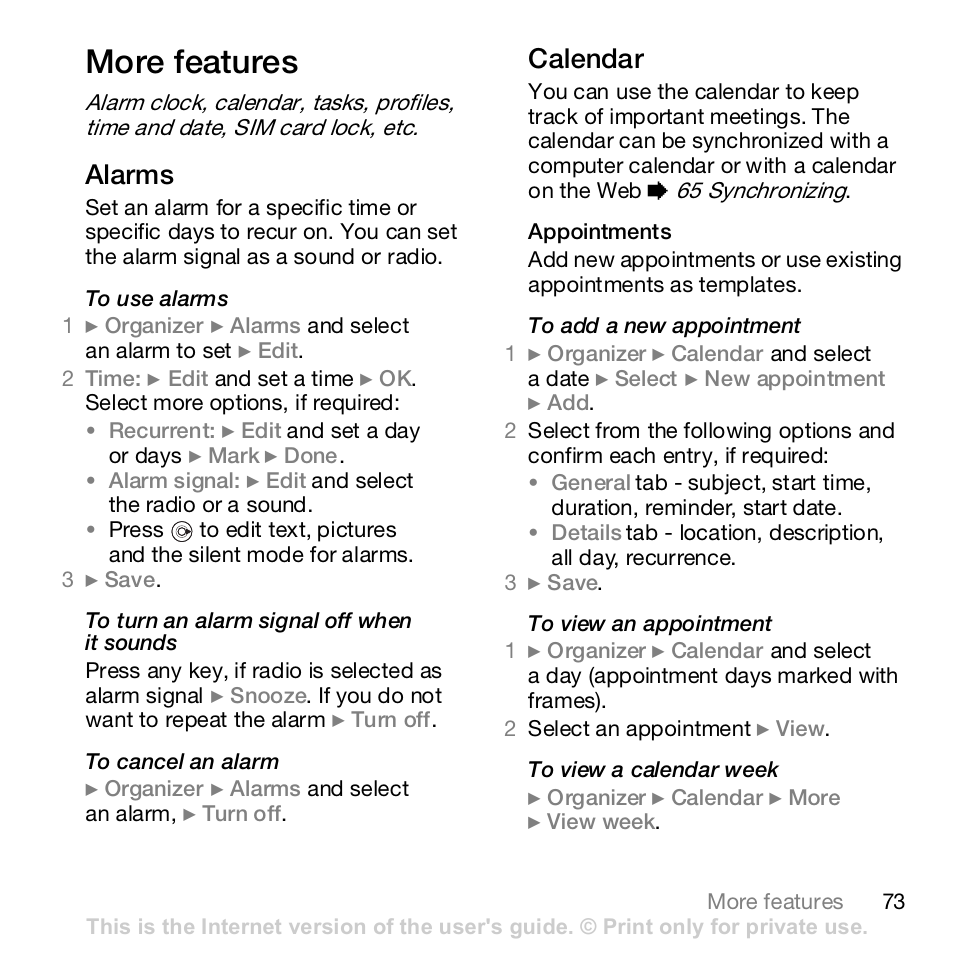 More features, Alarms, Calendar | Sony K800i User Manual | Page 73 / 98