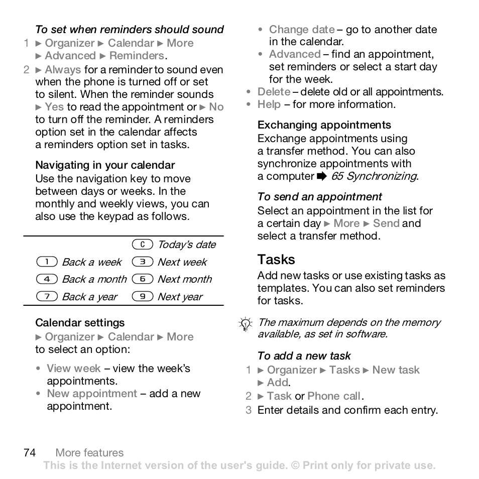 Tasks | Sony K800i User Manual | Page 74 / 98